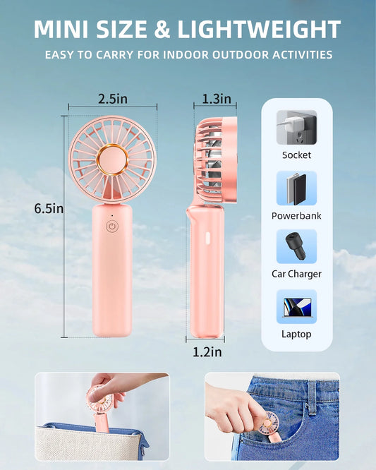 Portable Handheld Fan, Mini Portable Fan, 2000Mah Rechargeable USB Fan, 3 Speed Personal Small Desk Fan, Strong Airflow, Super Quiet, Pocket Fan with Carabiner for Girl Women Home Outdoor Indoor Pink