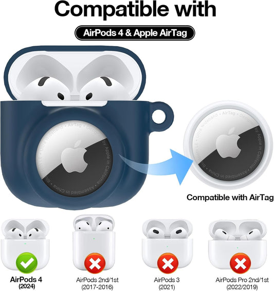 2 in 1 Silicone Case Compatible with Airpod 4 and Airtag, Dark Blue