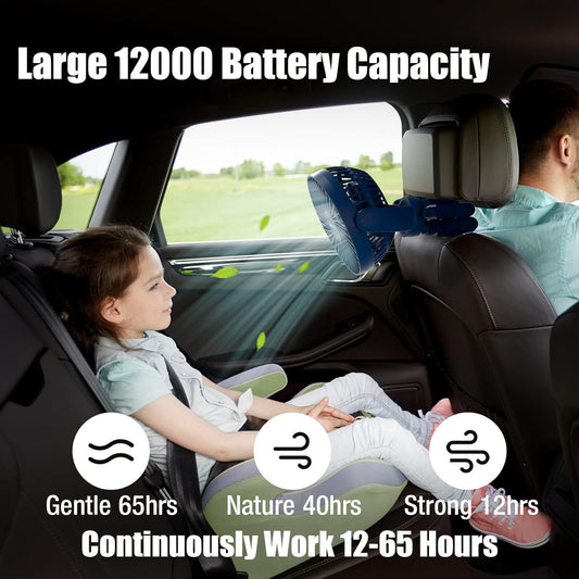 Portable Stroller Fan 60 Hours Small Fan Handheld with LED Lights, 12000Mah Quiet Battery Operated Fan with Tripod Legs, Mini Rechargeable USB Fan, Camping Fan for Treadmill Seat Travel Beach Tent