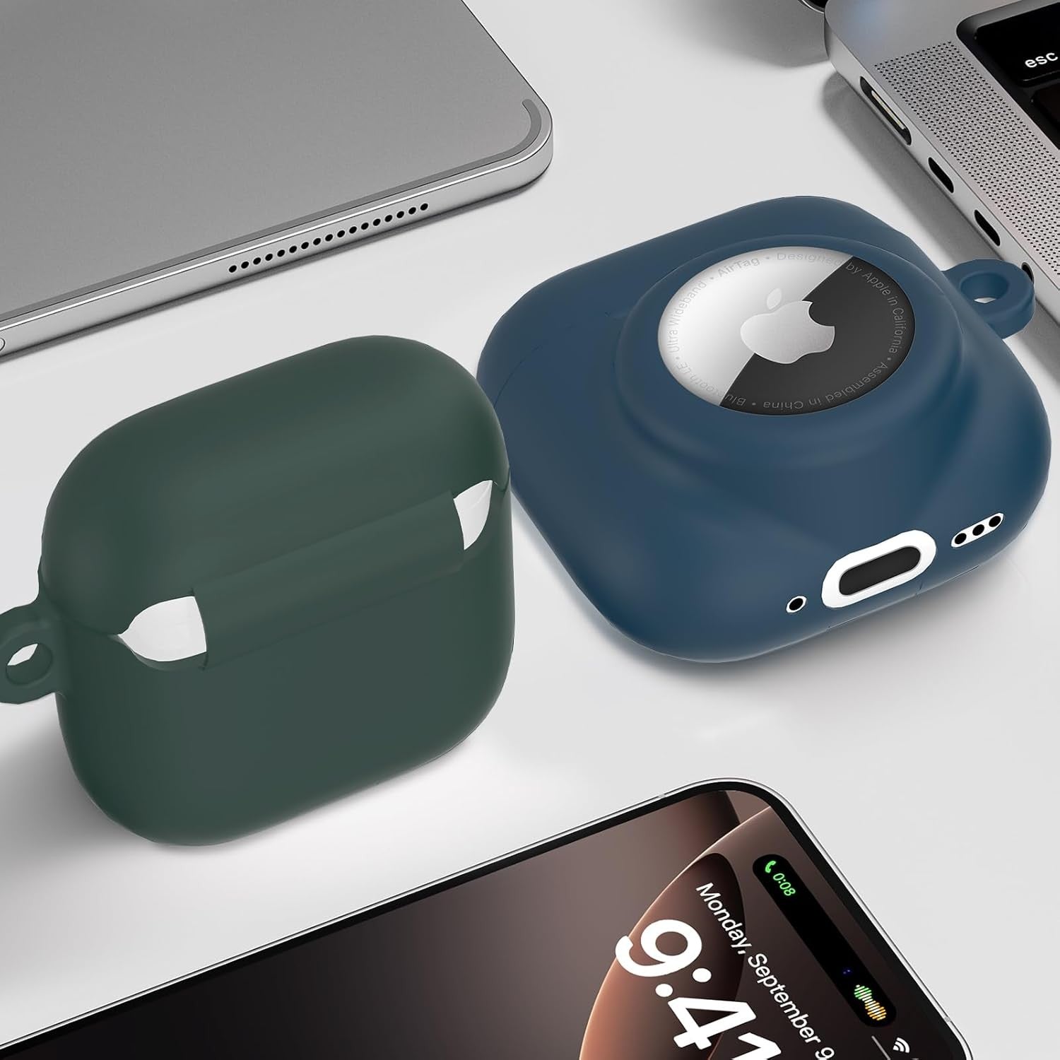 2 in 1 Silicone Case Compatible with Airpod 4 and Airtag, Dark Blue