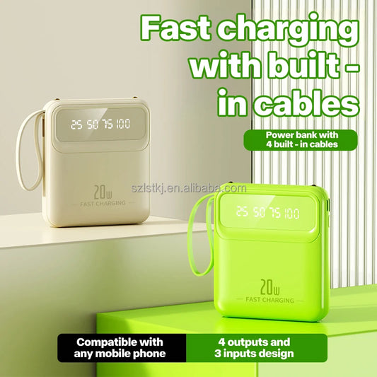 Small Mini Cross-border Self-contained Cable 10000 MA Charging Treasure Large Capacity Mobile Power Supply Gift Printing LOGO