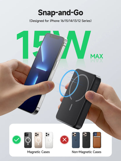10000mAh Wireless Magnetic Power Bank for iPhone 16 15 14 13 12 Series Portable Charger Travel Battery Pack Built-in USB C Cable