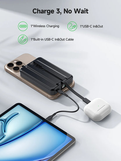 10000mAh Wireless Magnetic Power Bank for iPhone 16 15 14 13 12 Series Portable Charger Travel Battery Pack Built-in USB C Cable