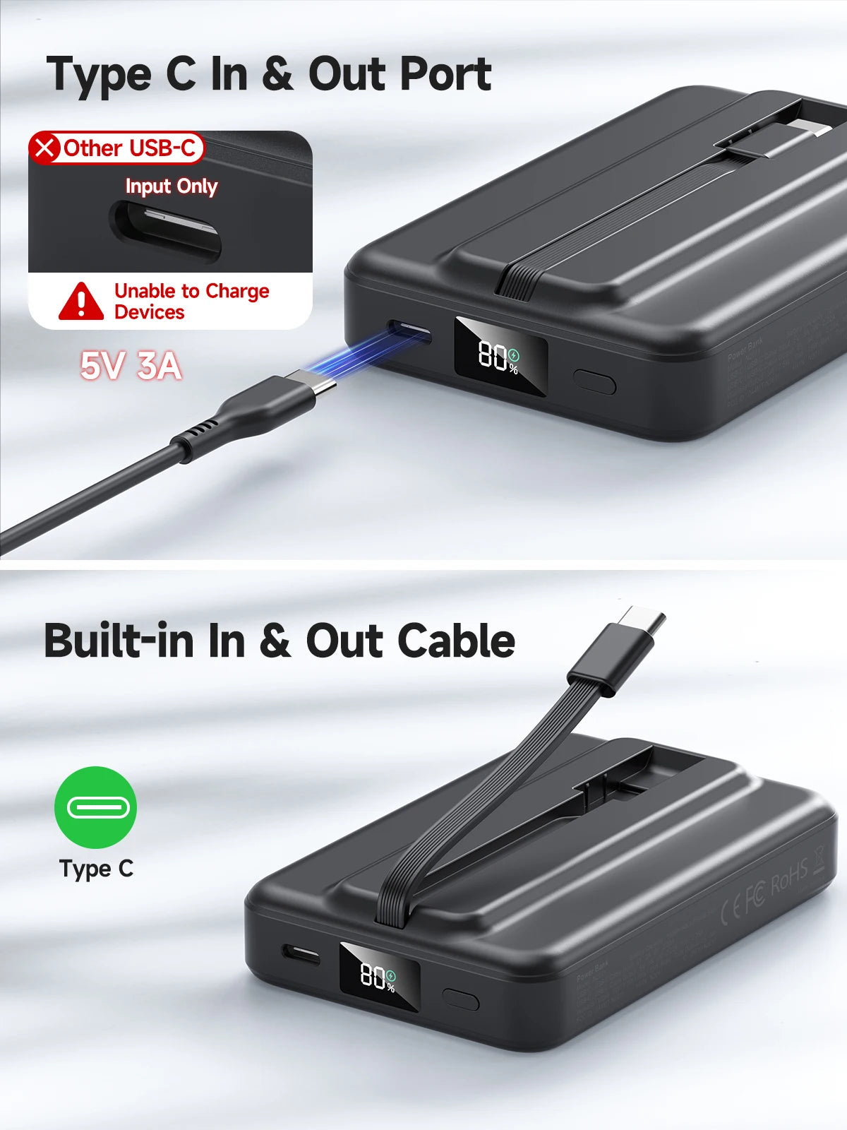 10000mAh Wireless Magnetic Power Bank for iPhone 16 15 14 13 12 Series Portable Charger Travel Battery Pack Built-in USB C Cable