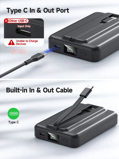 10000mAh Wireless Magnetic Power Bank for iPhone 16 15 14 13 12 Series Portable Charger Travel Battery Pack Built-in USB C Cable
