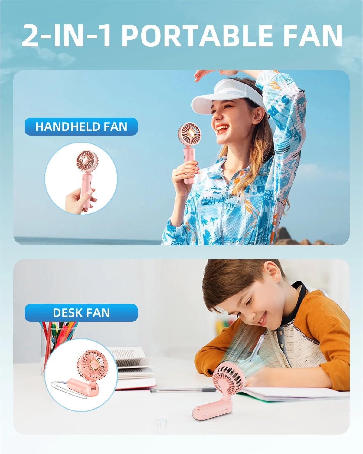 Portable Handheld Fan, Mini Portable Fan, 2000Mah Rechargeable USB Fan, 3 Speed Personal Small Desk Fan, Strong Airflow, Super Quiet, Pocket Fan with Carabiner for Girl Women Home Outdoor Indoor Pink